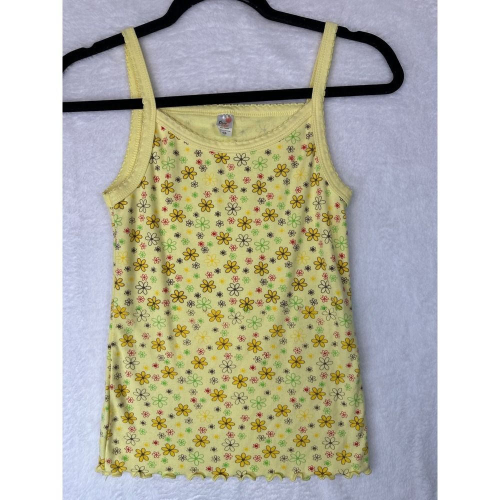 Strawberry Y2K Tank Top Girls Size 10 Yellow Floral Print Lettuce Edge Trim